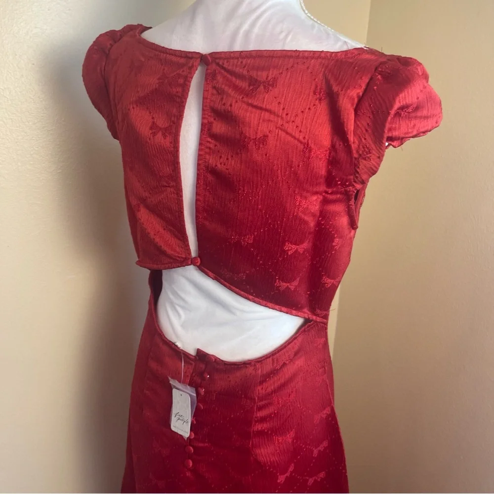 Free People Foolish Heart Midi Dress Red Dahlia Lace Satin NWT Romantic Boho S - Picture 8 of 11